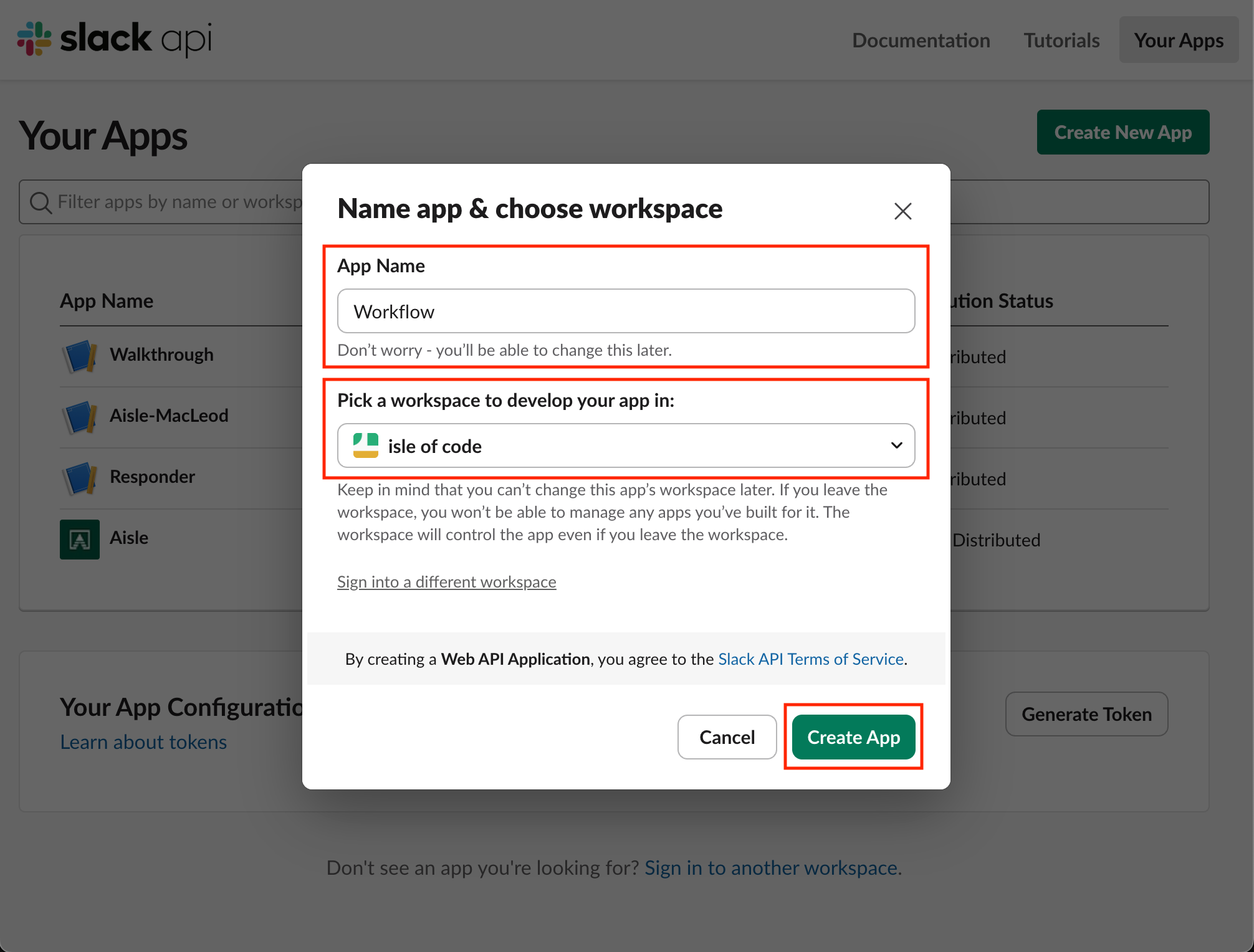 Name app and choose workspace