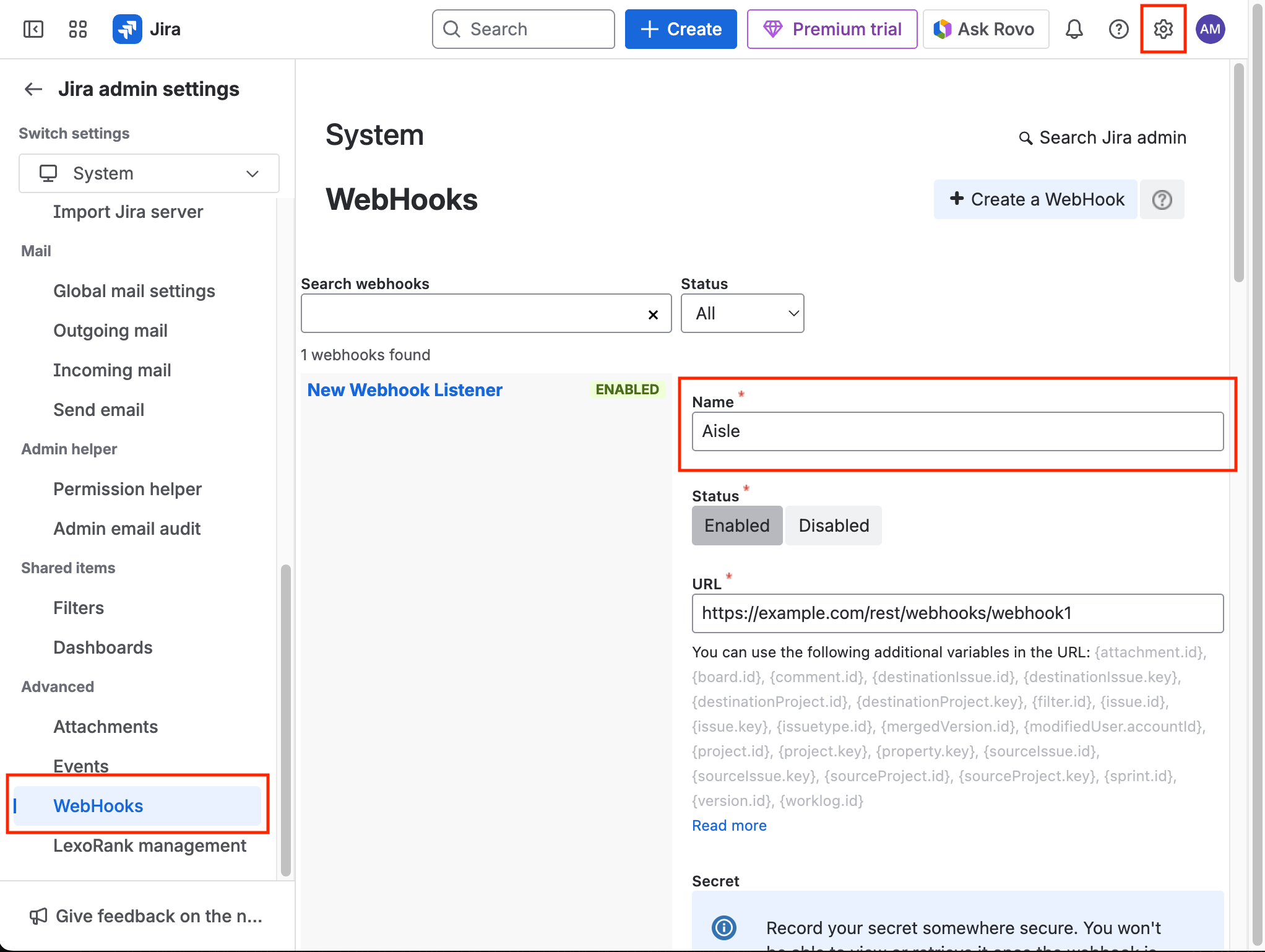 Navigate to WebHooks and create