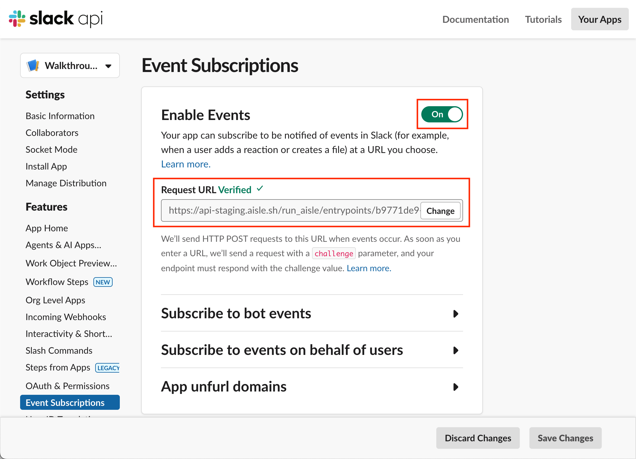 Event Subscriptions settings