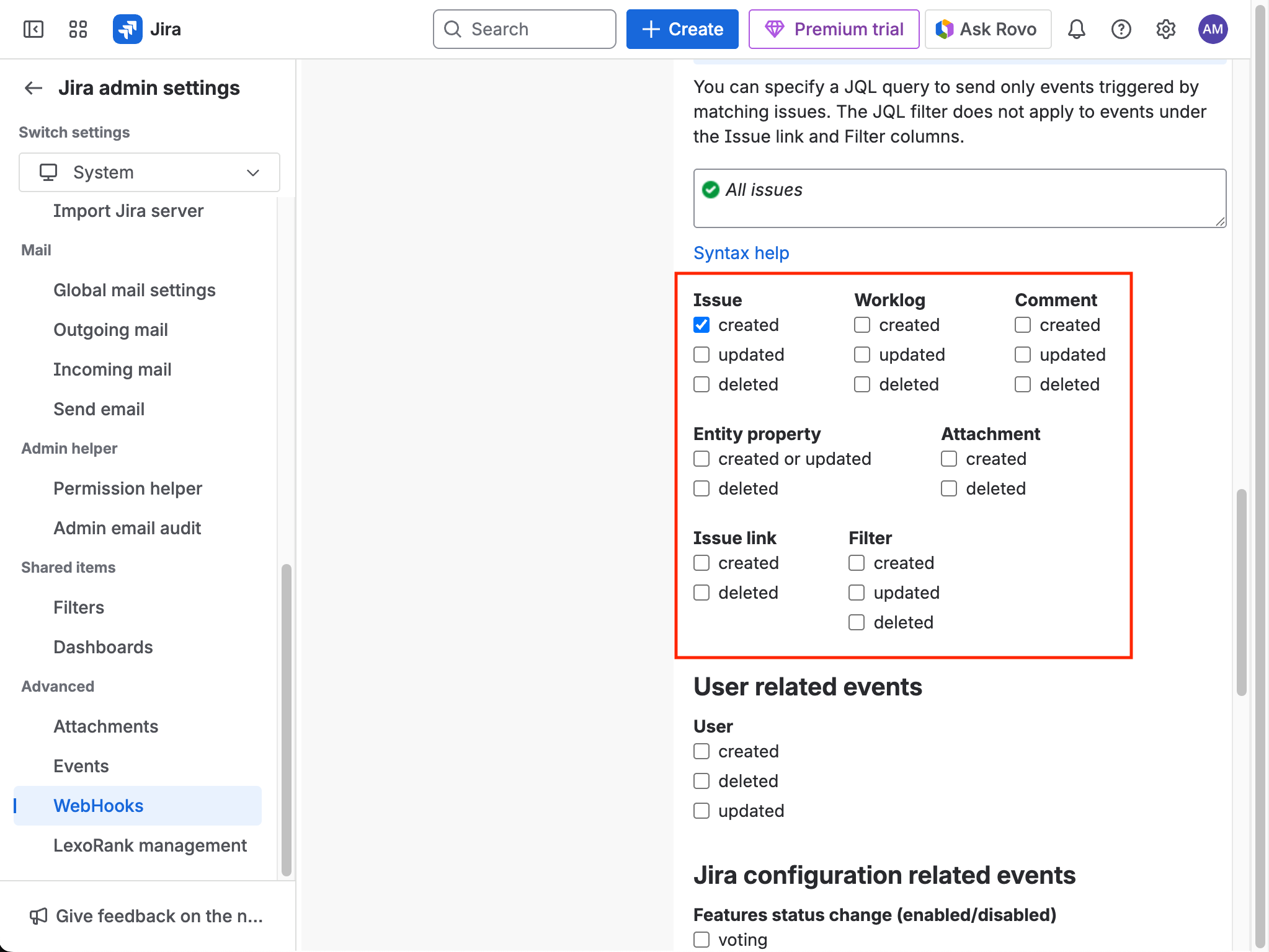 Select webhook events