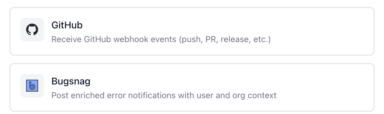 GitHub and Bugsnag integration cards