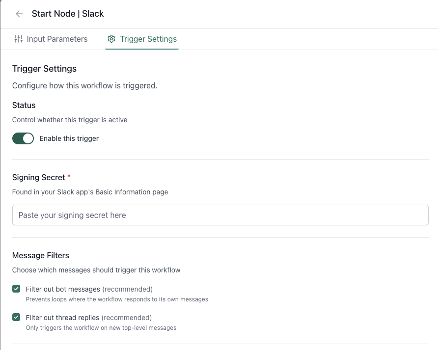 Slack trigger settings