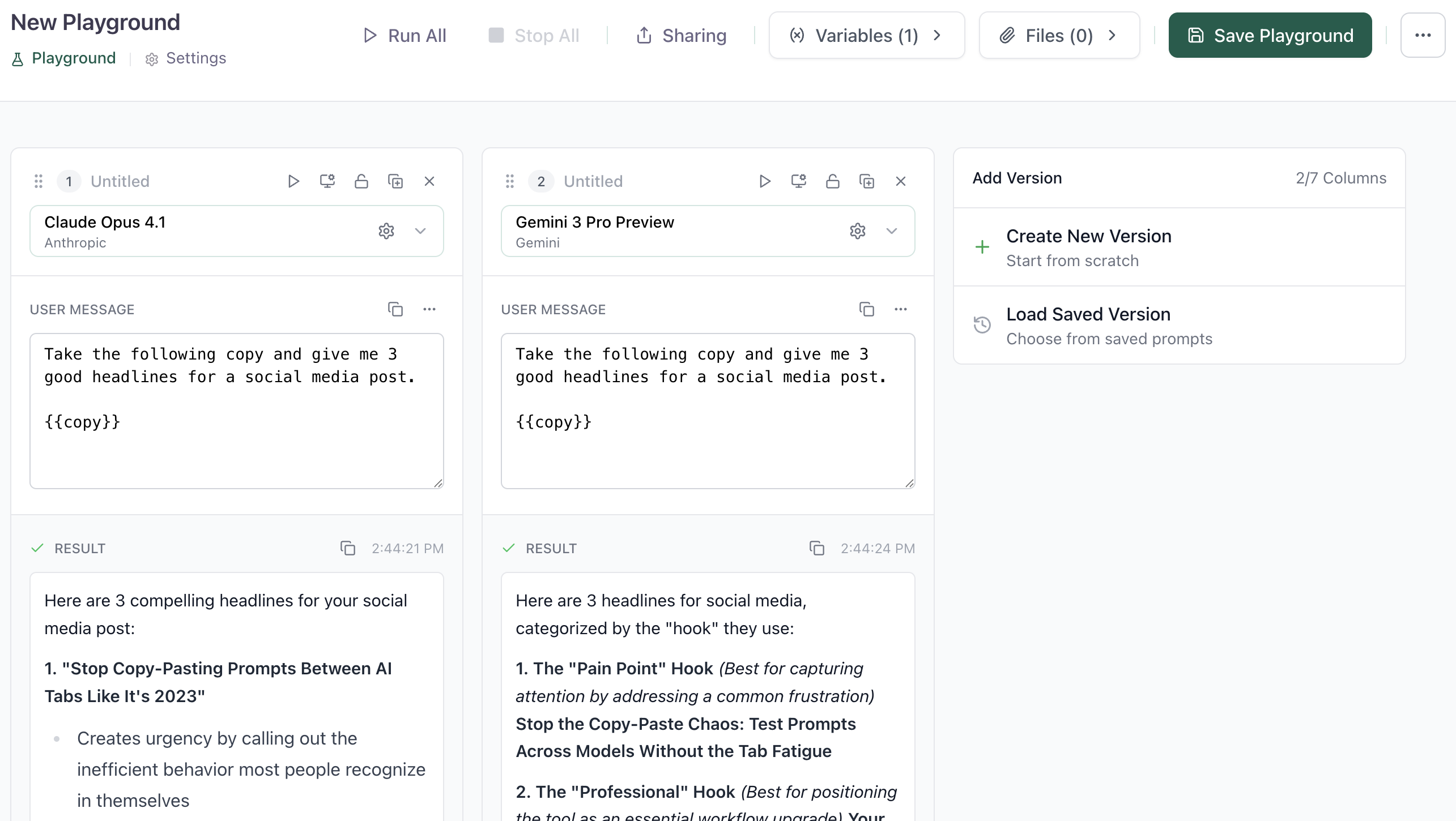 Playground demo showing side-by-side comparison of prompt results